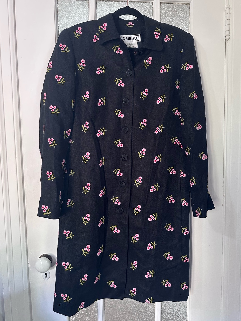 Carlisle VINTAGE LIKE NEW black linen embroidered cherry midi coat-10